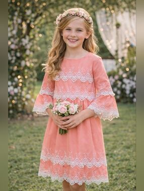 Chasing Fireflies Girls Pink Lace Dress Size 8 Easter Wedding Bell Sleeve
